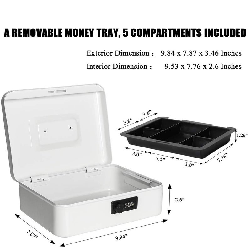 Jssmst Large Cash Box with Combination Lock â€“ Durable Metal Cash Box with Money Tray white(9.8 x 7.9 x 3.5), SM-CB07005L - Image 3